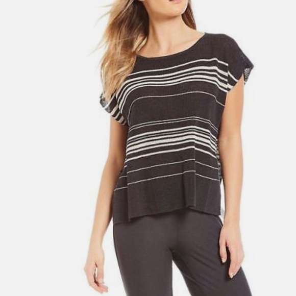 Eileen Fisher Organic Linen Knit Boxy Short Sleeve Poncho Striped Top Graphite/… - Picture 1 of 10
